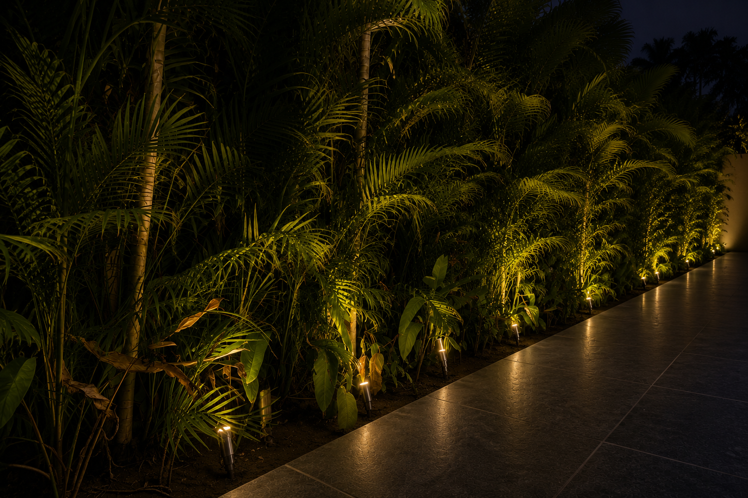 Flora illuminating a residential landscape at night